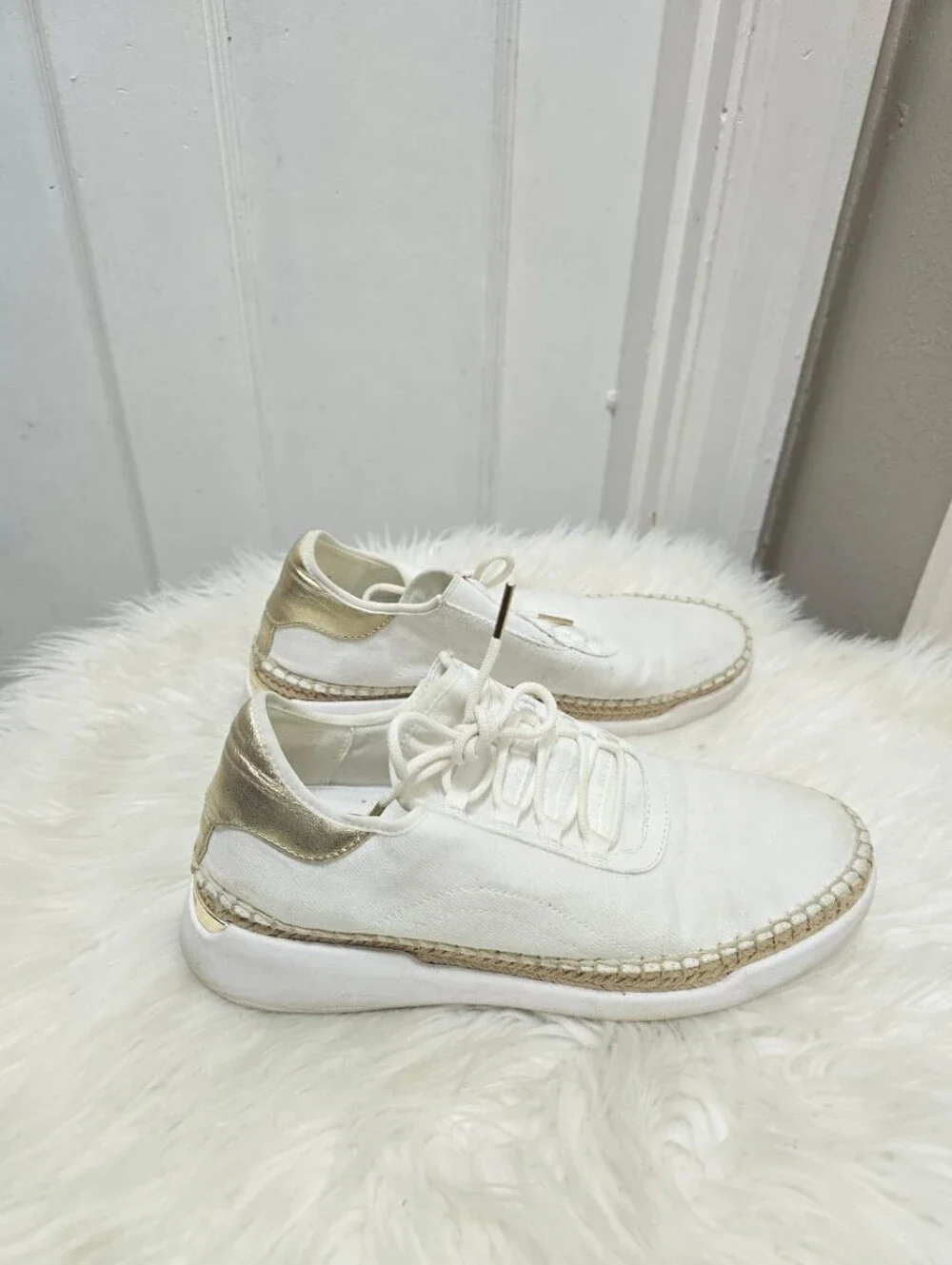 Michael Kors Finch Lace Up Canvas Sneakers White & Rose Gold Espadrille Sz 8M